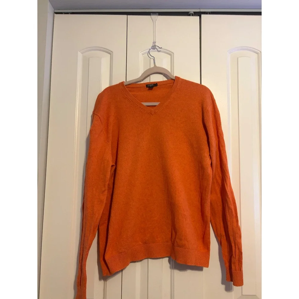 J Crew Mens Orange V Neck Long Sleeve Sweater‎ Size Large Cotton Cashmere Blend